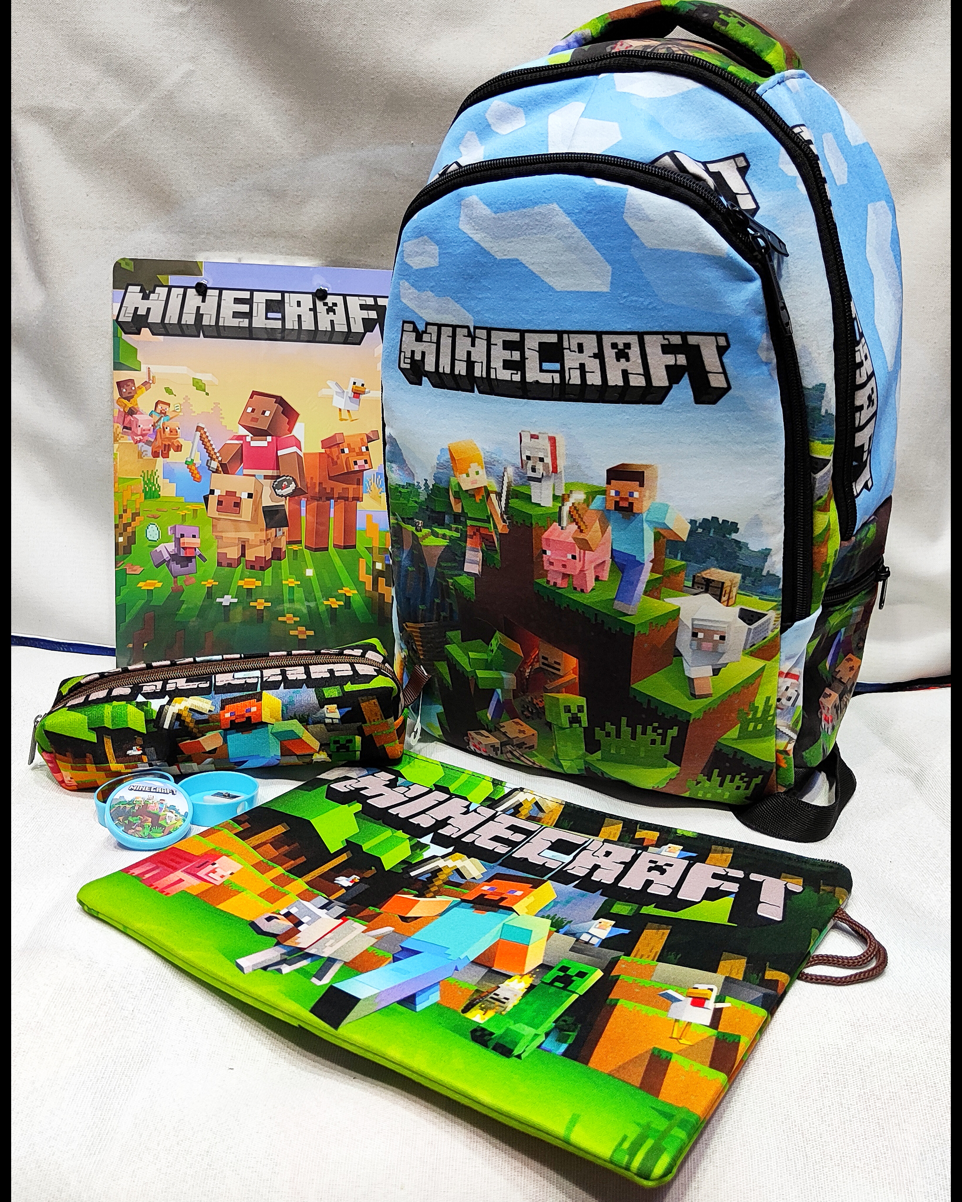 ست مدرسه Minecraft | کوله پشتی، جامدادی، تخته شاسی، تراش و پوشه A4