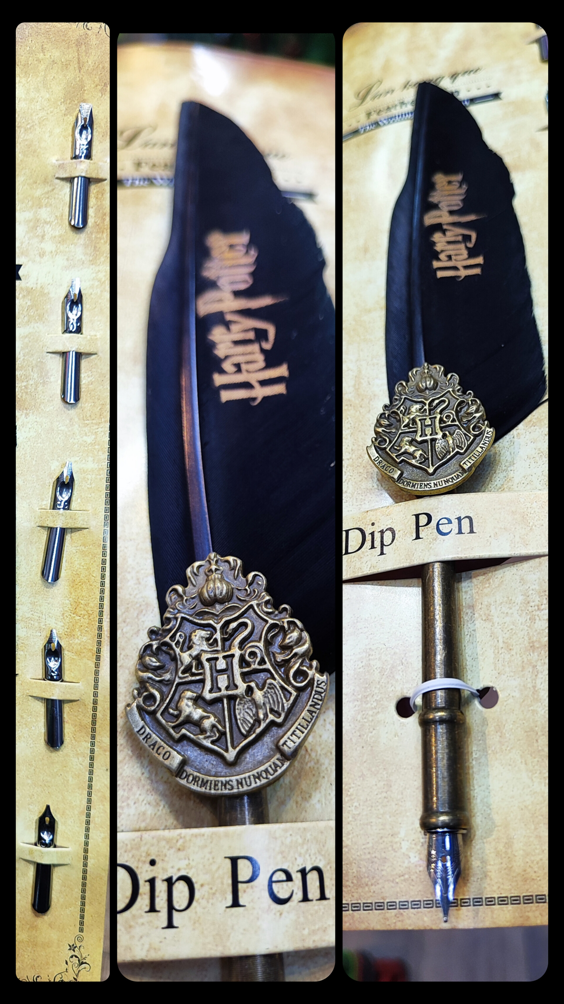 قلم پر اصلی هری پاتر | پر طبیعی + ۵ سری قلم فلزی | حک Harry Potter و لوگوی برجسته هاگوارتز